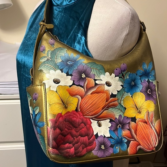 Anuschka hand painted leather golden hobo style shoulder bag - Picture 1 of 16